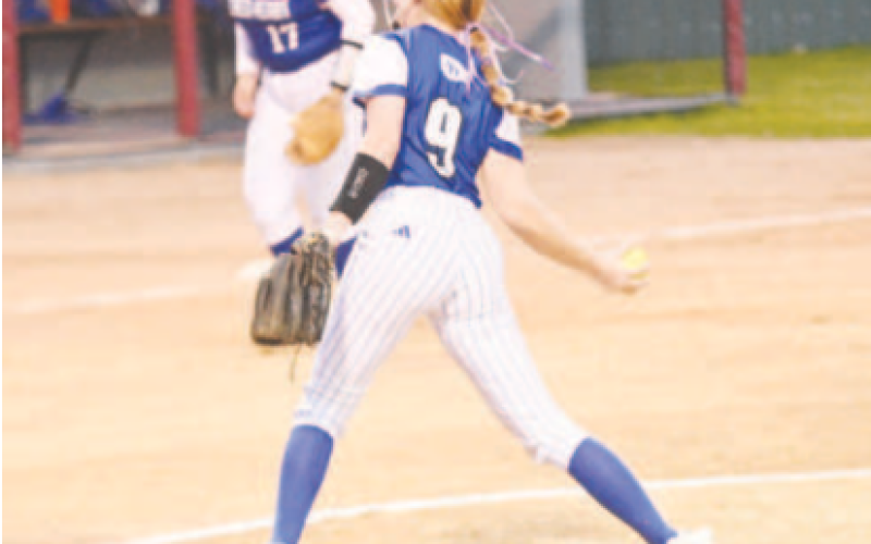 Avery Beach delivers a pitch during the scrimmage with Rice Consolidated Feb. 7. Chuck Grafe/Tribune-Herald