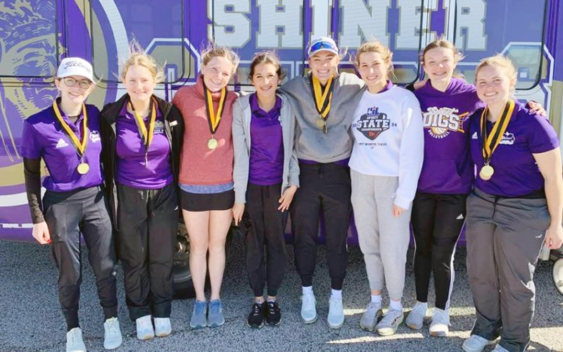 Shiner girls golf team at Giddings, from left are Grace Migl, Olivia Akin, Callie Chrismon  Jaleigh Ramirez, Chelsea Whiddon, Chesney Machacek, Evy Johnson and Bri Sofka. Photo courtesy of Michelle Winkenwerder.