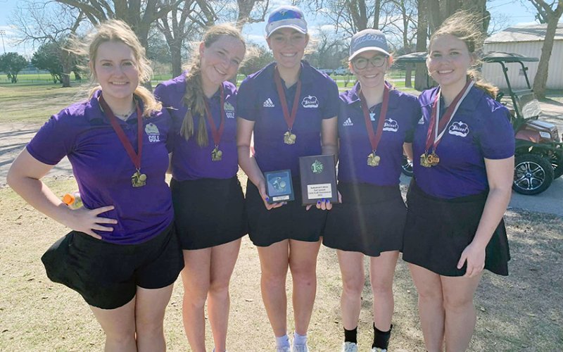 The Shiner girls golf team claimed the Victoria Riverside Tournament title. From left are Olivia Akin, Callie Chrismon, Chelsea Whiddon, Grace Migl and Bri Sofka. Photo courtesy of Michelle Winkwenwerder.