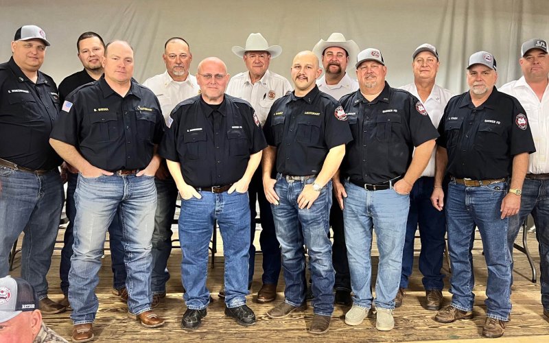Pictured are, front row, left to right: Brandon Siegel - 10 years, David Schroeder - 20 years, Joey Gamez - 5 years, Stephen Bujnoch - 25 years, Leonard Caka - 30 years; back row, left to right: Kyle Winkenwerder - 10 years, Wyatt Wagner - 15 years, Jason Shows - 15 years, JR Peters - 40 years, Michael Furrh - 10 years, Daniel Muehlstein - 25 years, Daryl Peters - 20 years. Shiner VFD Photo