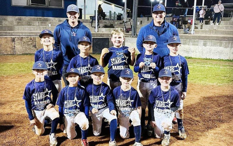 Shiner Stars 9U team members pictured front row from the left are Cole Carrizales, Gage Janak, Brunes Davis, Hayes Rainosek and Parker Repka. Second row from the left are Riley Cannan, Stryker Targac, Lee Raley, Grady Hurt and Newt Debord. Back row from left are Coach Cole Hybner and Coach Blue Hybner. Photo courtesy of Kevin Filip.