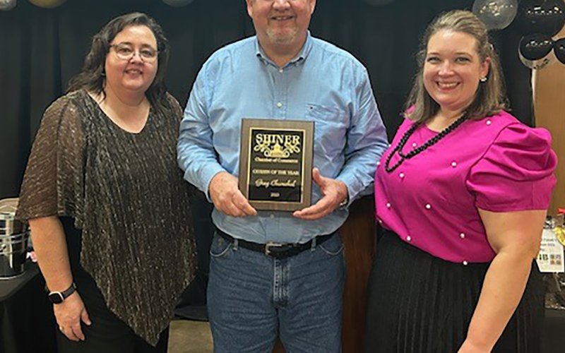 Shiner Chamber of Commerce named Greg Chumchal as Citizen of the Year. Pictured are, left to right, Chamber board member Christine Siegel, Greg Chumchal, and Chamber Executive Director Sarah Langhoff.