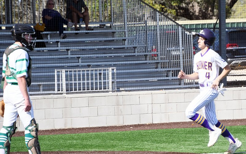 Jake Simper approaches home plate during Shiner’s 12-2 win over Cuero Friday in the Appelt Tournament. Photo by Mark Lube.