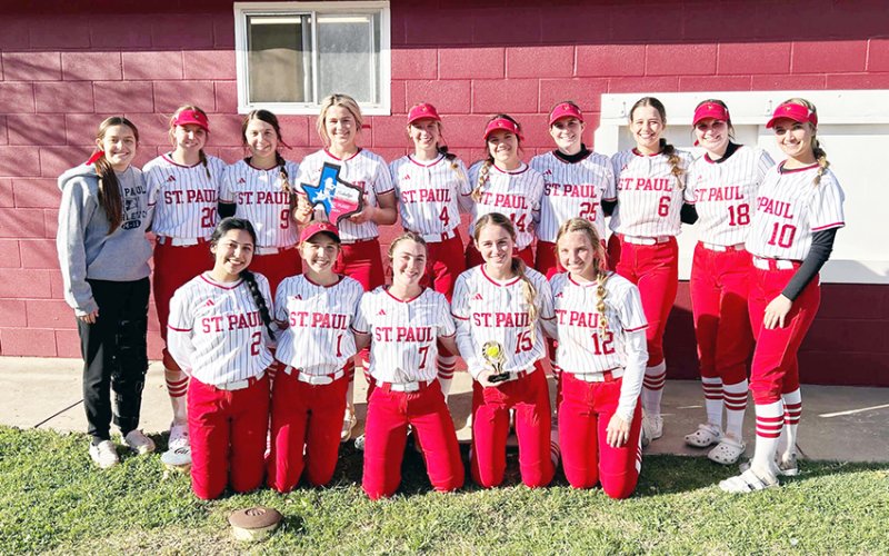 The St. Paul softball team won the Flatonia Tournament. Tatum Walker was named tournament pitcher MVP and Stefany Pokluda was chosen as All-Tournament Second Base. Front row from left are Mariah Jackson, Sally Machacek, Presley Tuch, Tatum Walker and Sloane Kocian. Top from left are Eden Rodriguez, Kristin Cerny, Stefany Pokluda, Tori Walker, Brooke Cerny, Gabby Rodriguez, Emily Moeller, Jessica Fikac,Sam Moeller and Dallyn Pesek. Not shown is Addy Matias, Clara Kinney and Alyssa Jasek. Photo courtesy of Mi