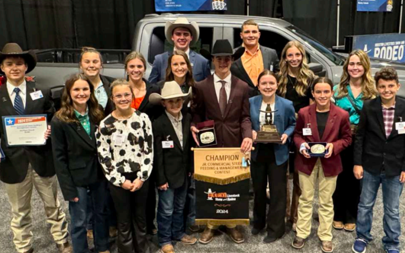 Fifteen Hallettsville FFA/4-H members competed in last week’s Houston Livestock Show and Rodeo (HLSR) Commercial Steer Contest with Jake Ressler named Grand Champion out of 154 competitors. As a result, Ressler was awarded a brand new Ford Truck. Ryan Janak finished third overall, while Rylan Marak was a Top Finalist. Front from left are Ashlyn Pustka, Landry Whitley, Tanner Pustka, Jake Ressler, Abby Ressler, Holly Ressler and Trevor Phillips.
