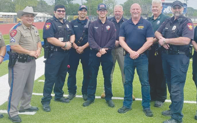 Pastor Elvis Whaley from Austin Street Baptist Church gave the invocation. Students from Cuero, Gonzales, the DeWittLavaca Special Education Co-operative Team: Sweet Home, Moulton, Yoakum, Yorktown, Hallettsville, and Shiner. Pictured above are members of the Yoakum Police Department, Yoakum Fire Department, and Department of Public Safety from Cuero attending the opening ceremonies. 83 athletes competed in the event. Contributed photo.
