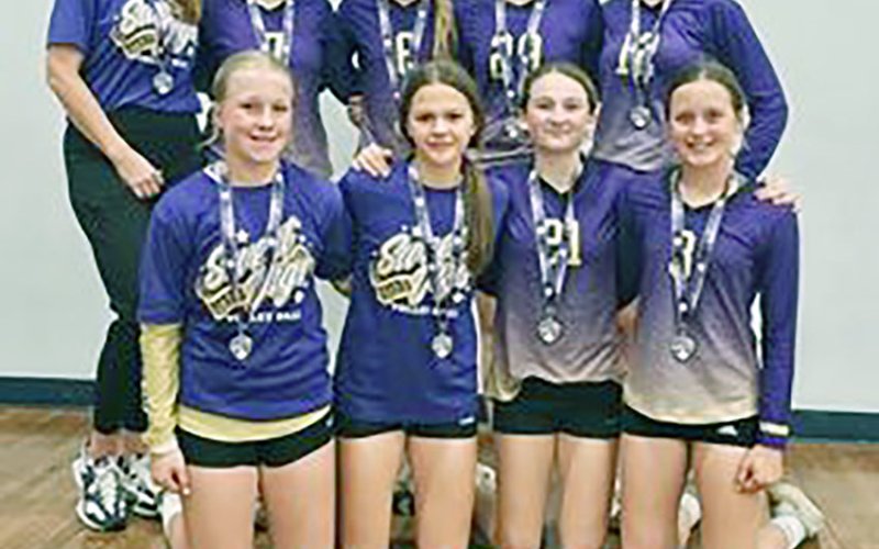 Bottom from left are Tinsley Vasek, Taylor Kocian, Savannah Durrett and Madi Hubbard. Top row from left are coach Charissa Christensen, Madison Coburn, Alexis Malina, Whitley Lyons and Stella Clifford. Courtesy photo.