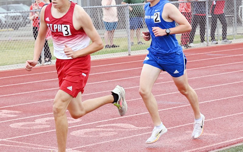Gabe Darilek (left) won the two-mile, was third in the 800-meter dash and placed fourth in the mile. Photo courtesy of Chuck Grafe/Hallettsville Tribune-Herald.