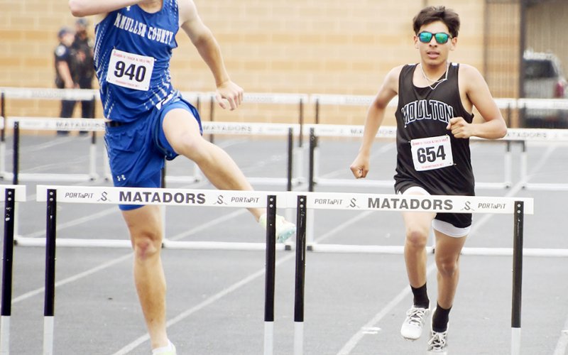 Ricky Santana got No. 11 in the 110-meter hurdles prelims and No. 12 in the 300 hurdle prelims. Photo by Mark Lube.