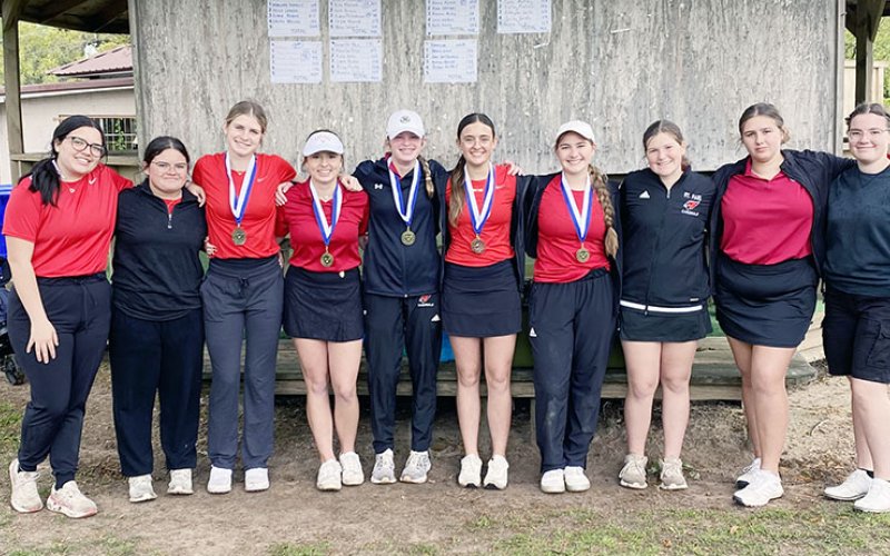 The St. Paul girls golf team took first in the Yoakum Tournament  March 27. Pictured from left are Annslie Callis, Camie Robles, Riley Mozisek, Reese Seibert, Skylar Mozisek, Audrey Thibodeaux, Faith Brown, Kylie Kelso, Mary Sue Filip and Erica Hunke. Photo courtesy of Nicco Brown.