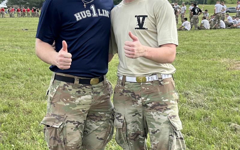 Jake Davidson (Class of 2027), left, and Jake Yackel (Class of 2026), pose together during the annual Corps of Cadets, March to the Brazos.