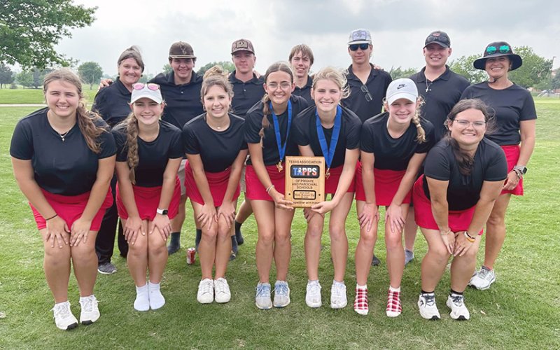 St. Paul state golf teams. Bottom row from left are Mary Sue Filip, Faith Brown, Reese Seibert, Audrey Thibodeaux, Riley Mozisek, Skylar Mozisek and Camie Robles. Top row from left are coach Pat Chilek, Jackson Seibert, Nathan Timmons, Joseph Davis, Vance Lucas, Tate Anders and coach Nicco Brown. Photo courtesy of Nicco Brown.