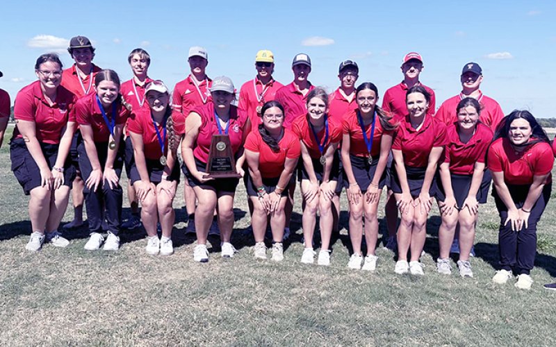 The St. Paul girls and boys golf team. Front from left are head coach Nicco Brown, Erica Hunke, Skylar Mozisek, Faith Brown, Mary Sue Filip, Camie Robles, Riley Mozisek, Audrey Thibodeaux, Reese Seibert, Kylie Kelso, Annslie Callis and assistant coach Pat Chilek. Back row from left are Jackson Seibert, Joseph Davis, Nathan Timmons, Vance Lucas, Michael DeSarro, Rylan Jalufka and Tate Anders. Photo courtesy of Nicco Brown.