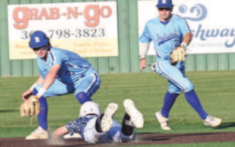 Indians second baseman tags out Bracken’s Austin Bennett in the third inning. Chuck Grafe/Tribune-Herald