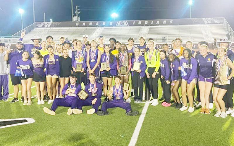The Shiner girls and boys track team gather for a photo after taking home the girls and boys varsity district titles last Thursday in Ganado. Shiner has plenty of athletes set to compete in today’s area meet in Thrall. Photo courtesy of Randy Palmer.