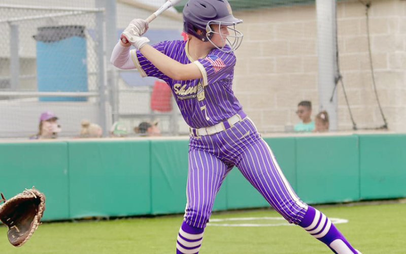 Kloe Polasek waits on a pitch against Marion on April 16. She was 2-for-5 in the series against the Lady ‘Dogs. Photo courtesy of Louann Heinsohn.