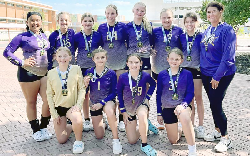 Bottom row from left are Pyper Neskora, Bree Nitsch, Hailey Malina and Reese Lyons. Top row from left are Patricia Price, Addison Ulcak, Lola Hornacky, Eastyn Pohler, Kendyl Boehm, Charlotte Hairell, Aly Trojack and coach Desiree Nitsch. Photo courtesy of Michelle Price