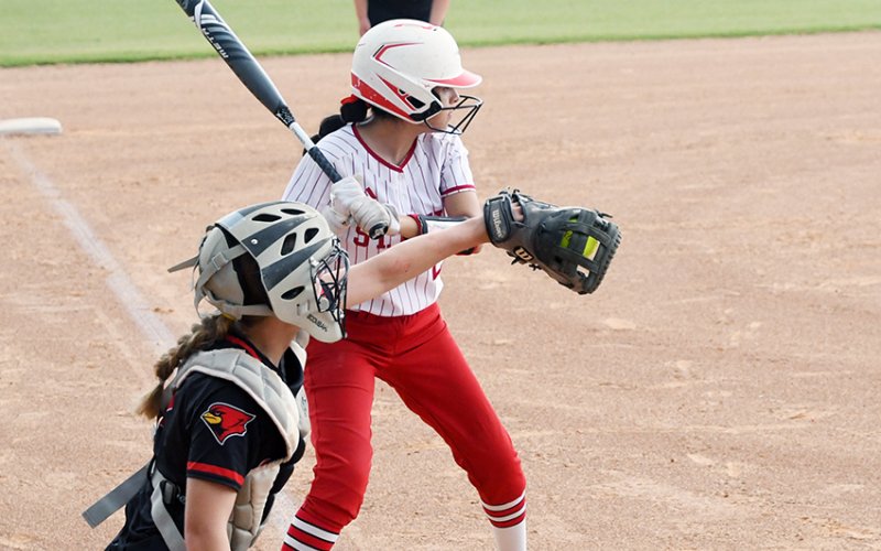 Maria Jackson (shown here against Pflugerville Concordia ) got four hits, a double, home run, two runs and two RBI against Huntsville Alpha Omega last week. Photo by Mark Lube.
