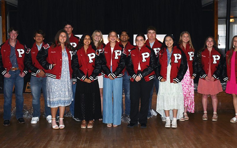 Letter jacket recipient. Front row from left are Mary Sue Filip, Nora Koch, Sally Machacek, Erica Hunne and Mariah Jackson. Back row from left are Holden Jacobs, Sam Perez, Chris Peters, Riley Mozisek, Zeke Basquez, Brodey Biehunko, Kristin Cerny, Presley Tuch and Karis Barta. Photo by Mark Lube.