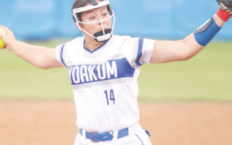 Madilynn Steinmann pitches her last game for the YHS Softball Team on on May 3 in Yoakum. Photo courtesy of Raymond Rosas