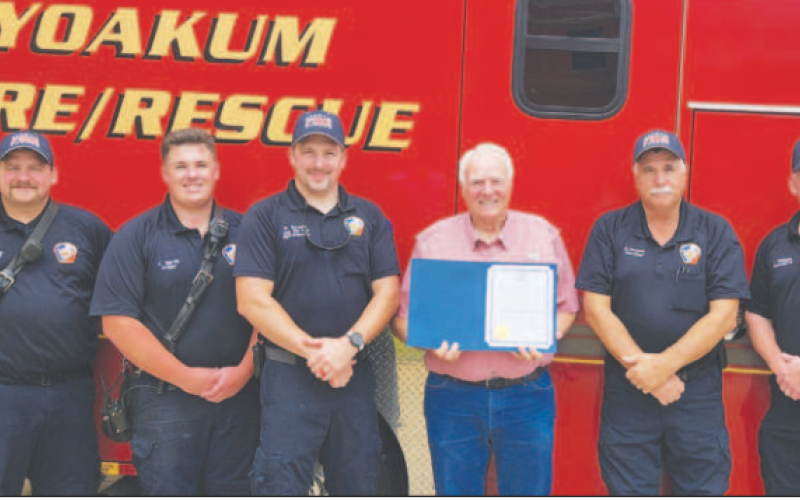 Pictured from left to right are Troy Alvarez, Cade Murrile, Assistant Chief Nick Kresta, City of Yoakum Mayor Carl O,Neill, YFD Chief Mark Herchek, and Jeff Fishbeck.