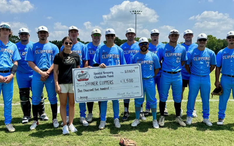 Pictured are, front row, left to right, Caleb Thomas, Noah Boedeker, Will Boswell, Blayke Muse, Tyler Patek, Ty Boedeker, Colton Starns and Blake Michalec; back row, left to right, Caleb Murrile, Ty Winkenwerder, Keith Kieschnick, William Cerny and Coy Boedeker. Also pictured, Spoetzl Brewery Charitable fund member, Lauren Petras.