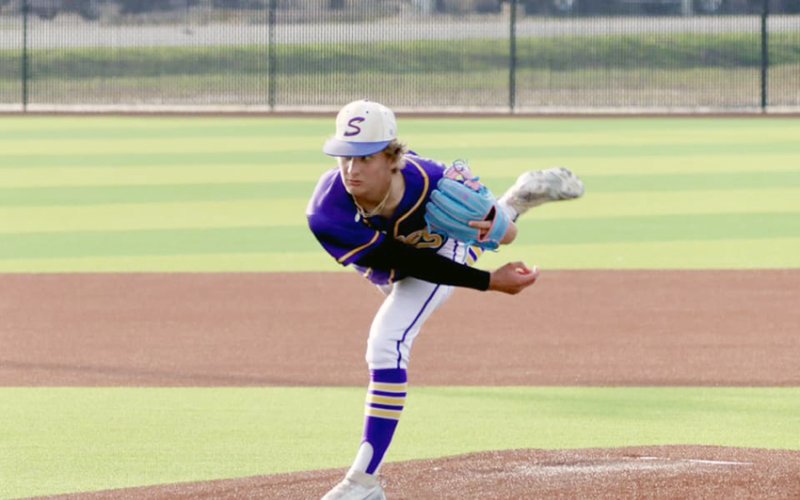 Shiner pitcher Landyn Pohler follows through on a pitch in game one against Freer. He gave up two hits and struck out 12. Photo courtesy of Louann Heinsohn