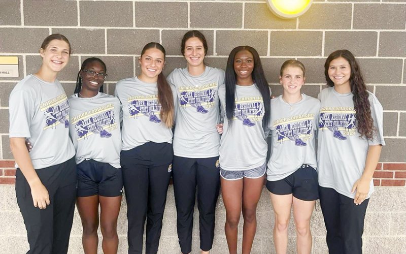 Shiner Lady Comanches girls track team participants. From left are Kara Remschel, JaLeah Curtis, Brinley Ramirez, Rylee Vancura, JaMya Wright, Hayleigh Burns and Brooke Palmer.Shiner competed in the 400-meter dash and the 400 relay. Photo courtesy of Kristi Peterson.