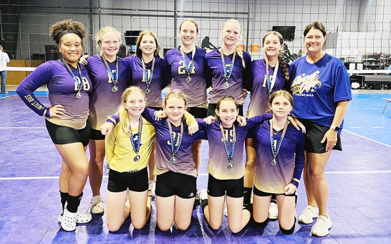 Bottom row from left are Pyper Neskora, Reese Lyons, Hailey Malina and Bree Nitsch. Standing from left are Patricia Price, Charlotte Hairell, Lola Hornacky, Eastyn Pohler, Kendyl Boehm, Addison Ulcak and Coach Desiree Nitsch. Photo courtesy of Michelle Price.