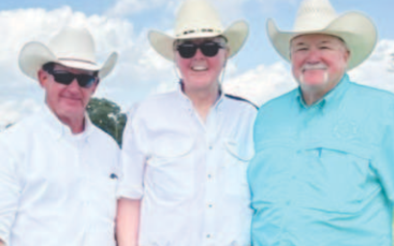 Pictured at left is the 18-pound cannon fired in Yoakum June 9 to commemorate the siege of the Alamo. Pictured above at the cannon firing are Texas House of Representative AJ Louderback, Lt. Governor of Texas Dan Patrick, and Lavaca County Sheriff Micah Harmon.