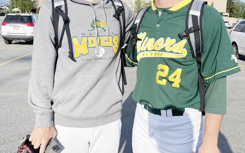 Shiner grad and Sam Houston State baseball player Ryan Peterson (right) and his SHST teammate/roommate Noah Kendrick (left) are both playing for the Mat-Su Miners of the Alaskan Baseball League in Palmer, AK. Both players are pitching for the Miners. Photo courtesy of Kristi Peterson.