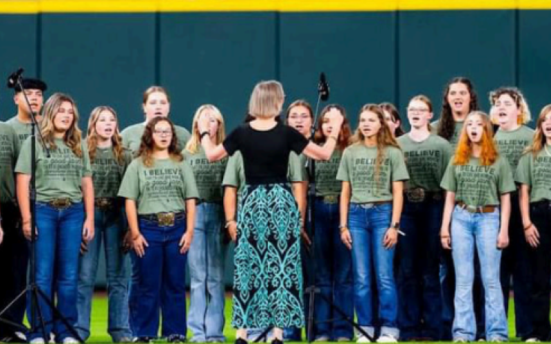 The Texas FFA Chorus performed on Wednesday evening, July 10 singing the National Anthem prior to the Houston Astros/Miami Marlins baseball game. The chorus is made up of 30 talented FFA members from throughout the state and were under the direction of Jeanna Baibos. One of the members of the choir is Austin Hunter, a member of the Jersey Village FFA in Houston. He is the son of Heath Hunter and Tammy Hunter and grandson of Nancy Hunter and the late Hallettsville mayor Stephen Hunter.