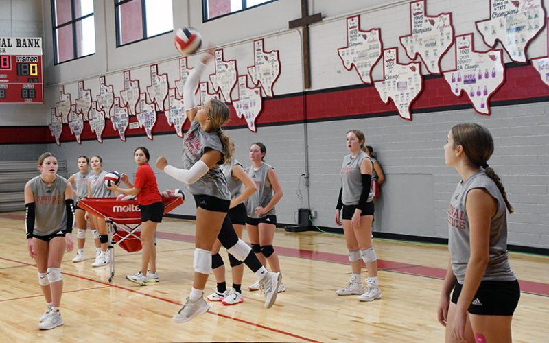 Avery Pesek hits the ball during St. Paul volleyball practice on Tuesday. Photo by Mark Lube.