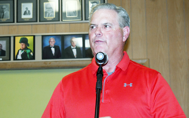 Shiner Catholic School athletic director and head football coach Barry Wolf comments on his vision for Lady Cardinals and Cardinals athletics at Meet The Cardinals on Aug. 6. Photo by Mark Lube.