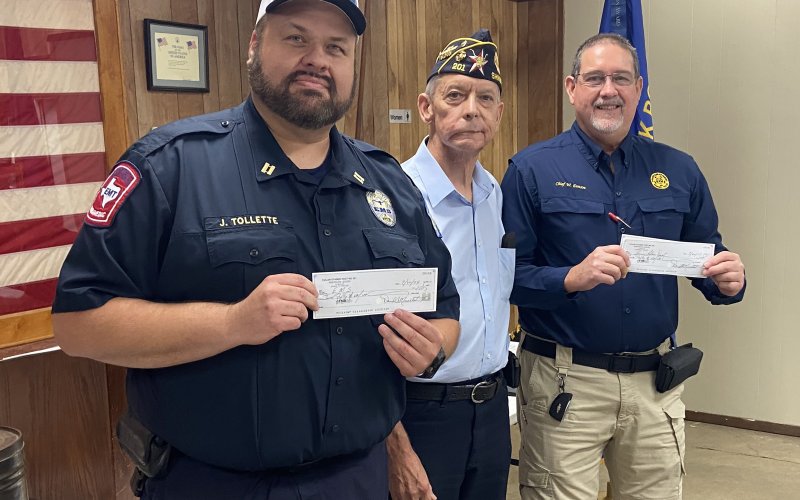 Shiner American Legion Post 201 held an awards night on Monday, July 22. The Shiner Police Department, Shiner EMS, and the Shiner Fire Department were presented with donations to help in their departments. Pictured are, left to right, Jake Tollette of the Shiner EMS, Ronnie Leck, Vice Commander, and Wayne Denson, Shiner Police Chief. Shiner Fire Department will receive their donation at a later time. We thank these First Responders for the work they do to keep our community safe.