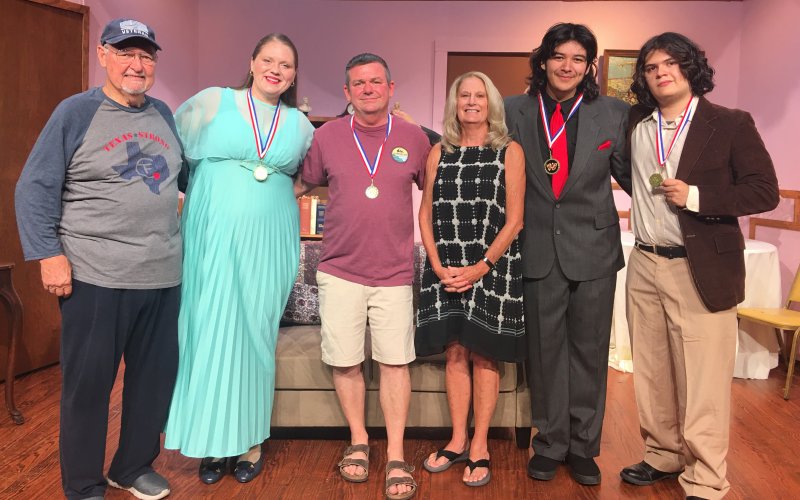 Pictured (l to r), Bill Matthys--Director, Anna Neskora--Sister Michelle Award for an outstanding performance, Steve Liberti--Lamplighter Award for outstanding Backstage Crew, Josh Kaspar--awards chair, Michael Silgero--2023 winner of Best Youth Debut Award as Paul in “Drinking Habits”, and Brayden Self-2024--Best Youth Debut Award for “In Praise of Miss Brown”.