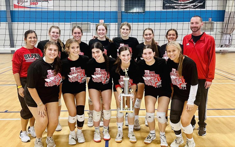 Front row from left are Mary Sue Filip, Dallyn Pesek, Erin Hajek, Samantha Moeller, Emily Moeller and Avery Pesek. Back row from left are head coach Nicco Brown, Skylar Mozisek, Tatum Walker, Addy Matias, Riley Mozisek, Faith Brown, Eden Rodriguez and assistant coach Max Bergkamp. Photo courtesy of Shiner Catholic Schools.