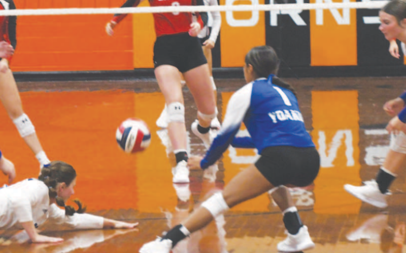Yoakum High School (YHS) Lady Bulldog Olivia Fojt (far left) dives on the floor for a lose ball as YHS Lady Bulldog Makayla Olmedo (1) assists during the volleyball match against the Brazos Lady Cougars. Photo by Mark Lube.