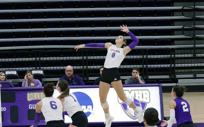Cameron Pesek elevates for a kill during UMHB’s match with Howard Payne University. Photo courtesy of UMHB Athletics.