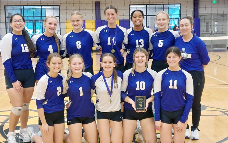 The Shiner JV Gold won second at the Runge Tournament last weekend. Back row from left are Jennifer Arellano, Kalli Kupka, Cami Cowan, Kayden Smith, Kiera Curtis, Arian Brown  and  Coach Anastacia Rehak. Front row from left are Marie Johnson, Addie Prove, Emersyn Boehm, Sadie Carter and Grace Nevlud. Photo courtesy of  Anastacia Rehak