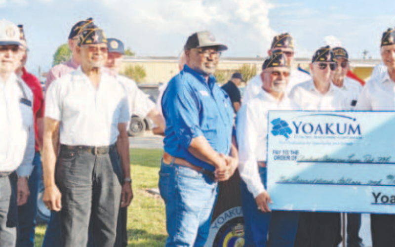 The Yoakum Economic Development Corporation (YEDC) Board of Directors presented $3,011 to the Yoakum American Legion Post 395. The matching grant funded the 16’X18’ concrete slab that is the foundation for the recently renovated World War II M1 57 MM AntiTank Gun purchased by the local Veterans of Foreign Wars Post No. 2456 somewhere between 1951 and 1952. Contributed photo.