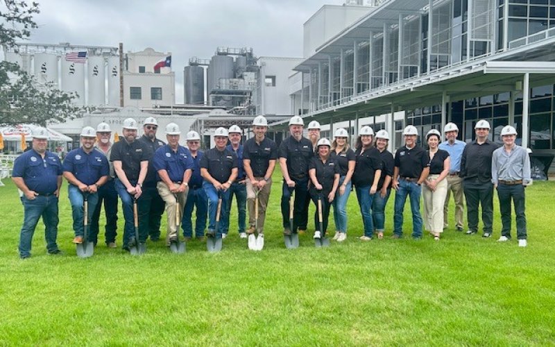 Pictured are city council members, chamber members, Director of Brewery and Distillery Operations Tom Fiorenzi and President and CEO John Brozovich, and interested parties at the groundbreaking ceremony for the new Lounge and Bar at Spoetzl Brewery.