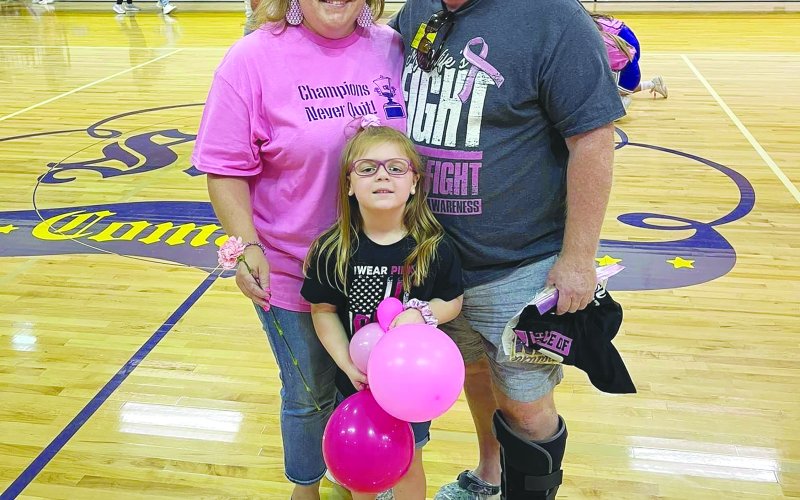 Audra Sapko is pictured with her daughter Addi and husband Darrin attending the ‘Pink Out’ pep rally at Shiner ISD. Audra is a graduate of Shiner High School and the daughter of Agnes and Adolph Migl of Shiner.