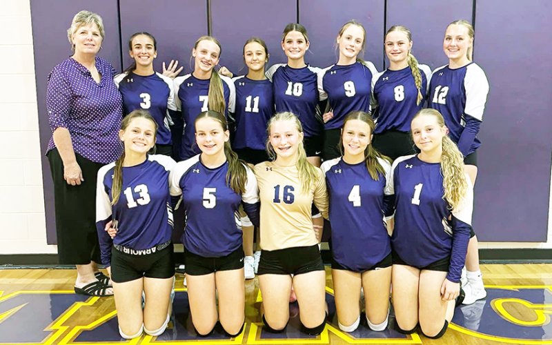 Front row from left are Jewel Caka, Emerysyn Boehm, Addie Prove, Arya Terry and Autumn Jackson. Back row from left are coach Kristi Peterson, Megan Burns, Kallie Kupka, Chloe Matula, Reagan Horn, Kallee Kifer, Cami Cowan and Harper Lenehan. Photo courtesy of Kristi Peterson.