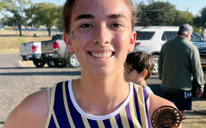 Megan Burns of Shiner placed No. 13 with 14:27 in the varsity girls 1A-2A race. Photo courtesy of Michelle Winkenwerder.