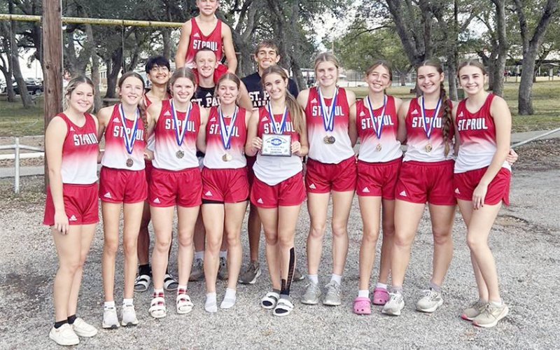 St. Paul CC ran at the Sacred Heart meet last weekend. Front from left are Clara Kinney, Emma Marshall, Skylar Mozisek, Kristin Cerny, Dallyn Pesek, Riley Mozisek, Sally Machacek, Faith Brown and Frances Filip, Middle from left are Jacob Arriola, Carter Chilek and Gabe Darilek. Back row are Levi Morkovsky.Not pictured is Reese Chilek. Photo courtesy of Shiner Catholic School.