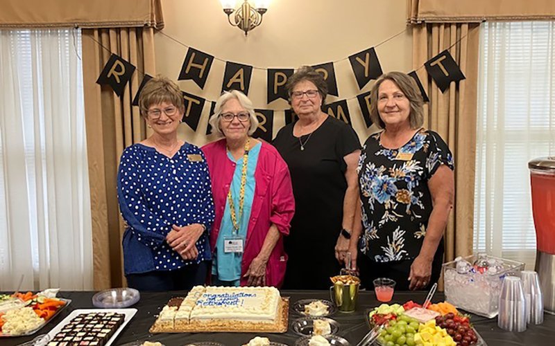 Shiner Pilot Club member Betty Petras, retiree Virginia Vincik, and Pilot Club members Beverly Mozisek and Roseann Raab celebrate Vincik’s retirement. Photo by Clayton Kelley.