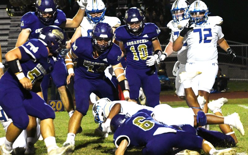 The Shiner defense (pictured here against Louise on Nov. 1) held Woodboro to under 50 yards of offense. Photo by Mark Lube.
