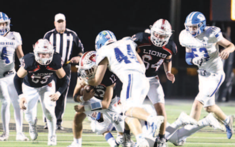 Josh Terry (44) tackles Lion quarterback Cooper Smith (12). Chuck Grafe/Tribune-Herald