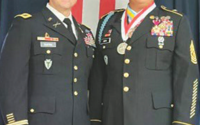 Robert Nieto, right, is the new commander of American Legion Post 392 in Moulton. He is pictured with Brigadier General Jose David Riveria. Photo submitted by Robert Nieto